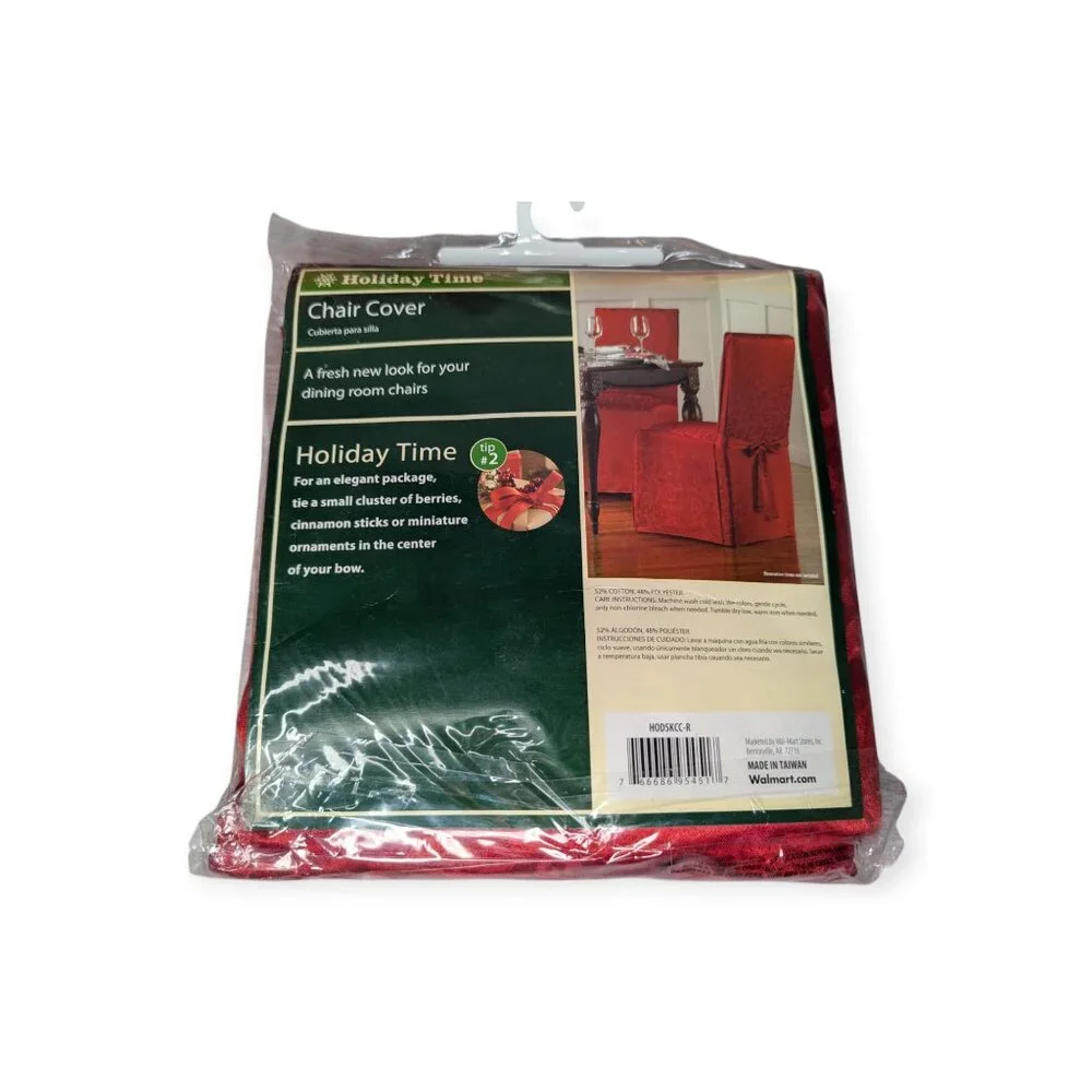 Holiday Time Matching Oblong Table Cloth & 5 Chair Covers- Red Embroidery NWT